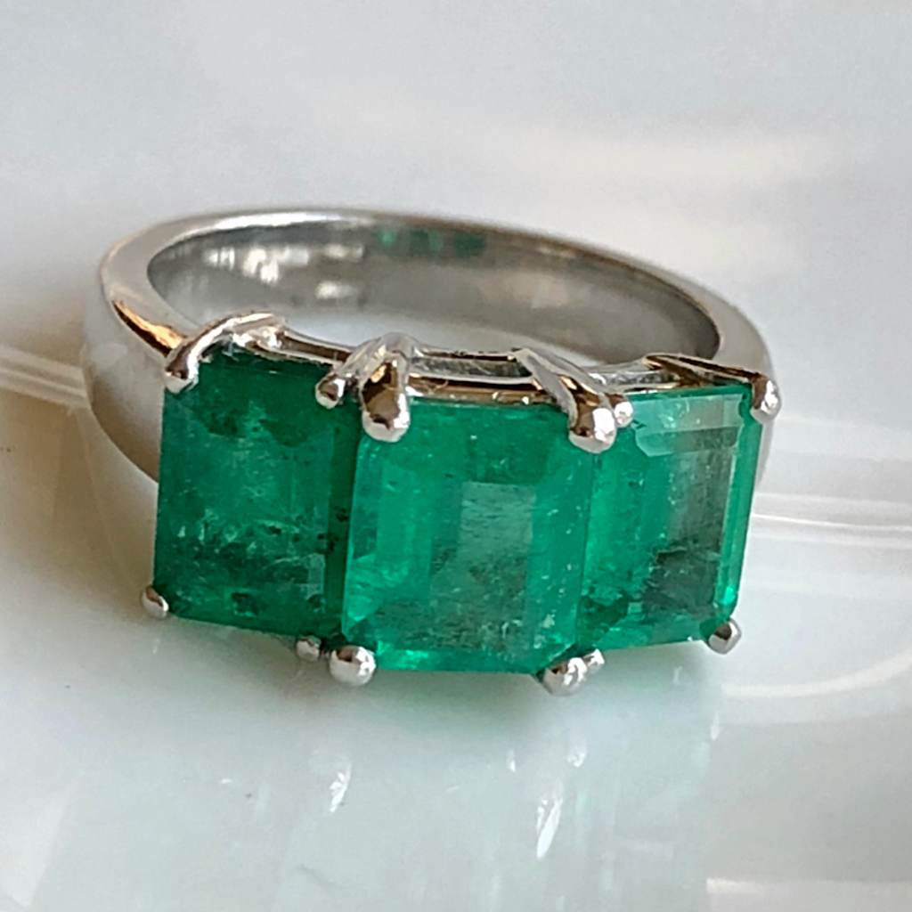 4.0 Carat Platinum Estate Three Stone Natural Colombian Emerald Ring ...