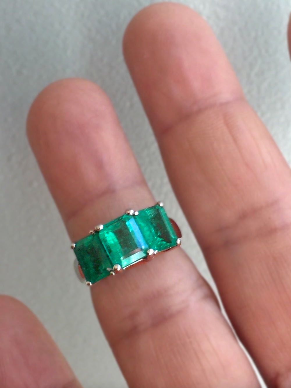 4.0 Carat Platinum Estate Three Stone Natural Colombian Emerald Ring