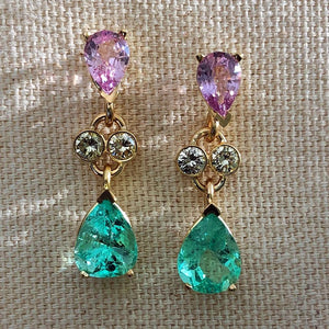 5.20 Carat Natural Emerald Sapphire Diamond Dangle Earrings 18 Karat