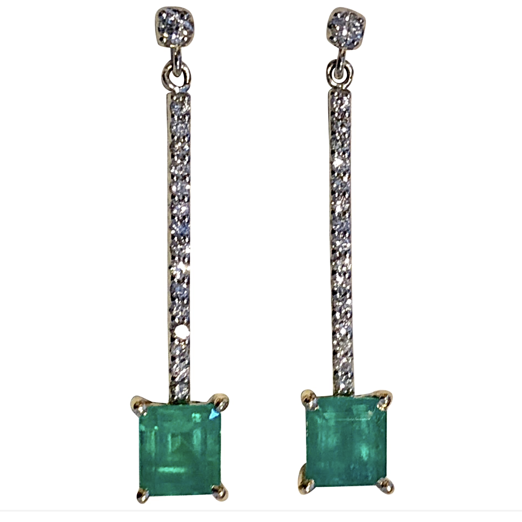 Dangle Colombian Emerald Diamond Earrings Platinum & 18K