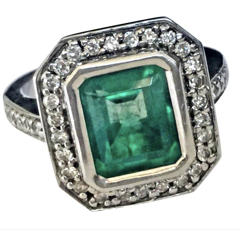 Colombian Emerald Diamond Ring Art Deco Style