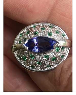 Tanzanite Emerald Diamond Contemporary Ring 18K White Gold