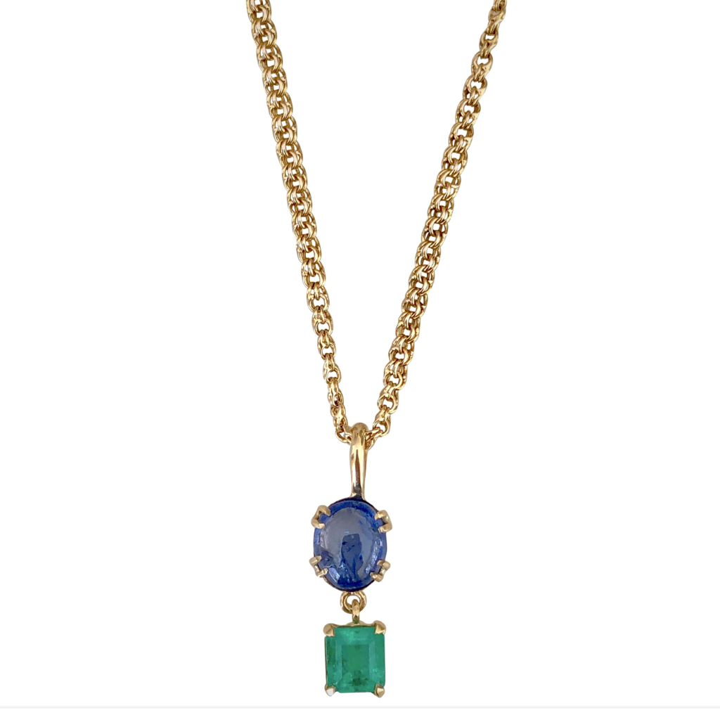 6.20 Carat Vintage Sapphire Emerald Pendant Necklace 18 Karat EmeraldsMaravellous