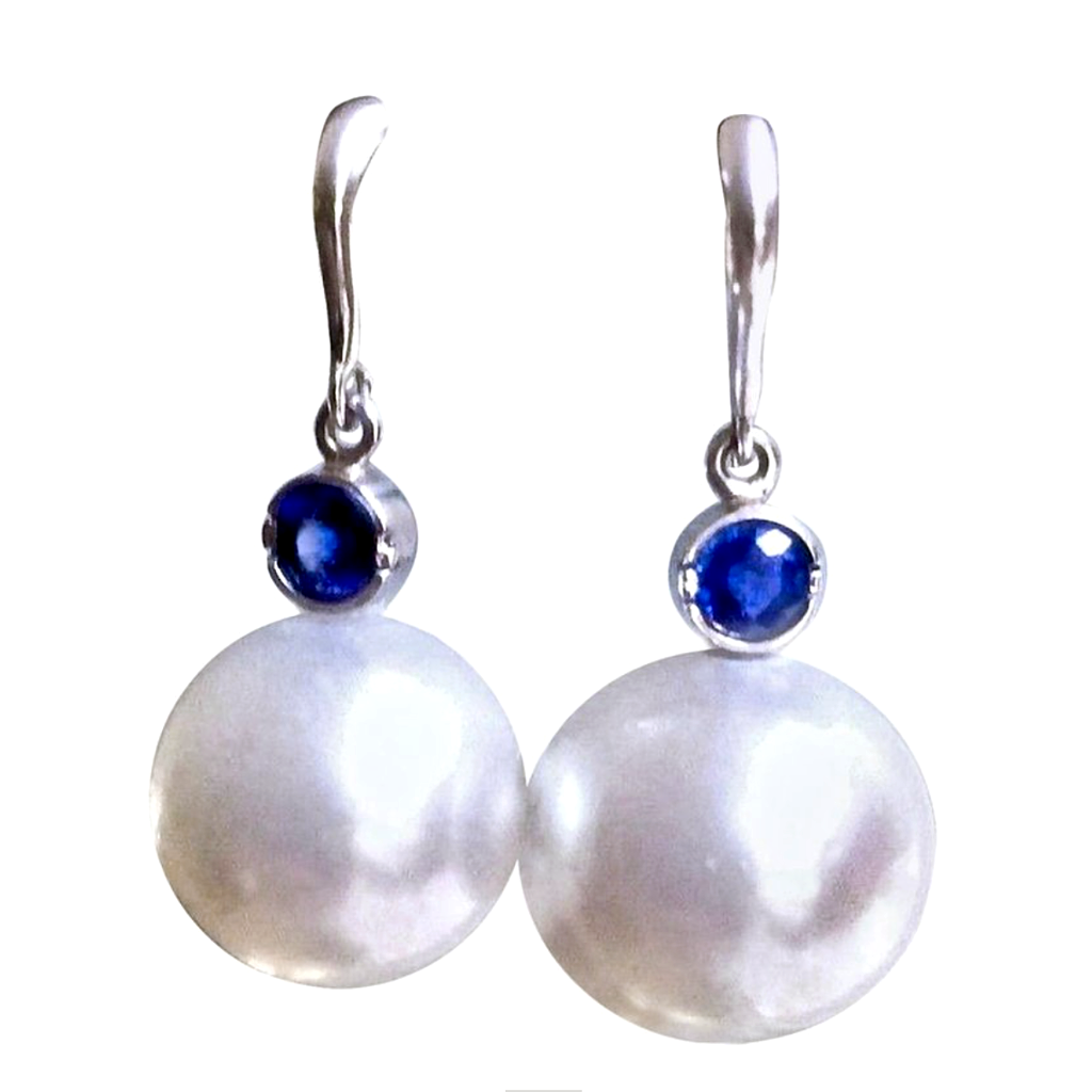 Natural 14mm South Sea Pearl Sapphire Drop Earrings 14K White Gold