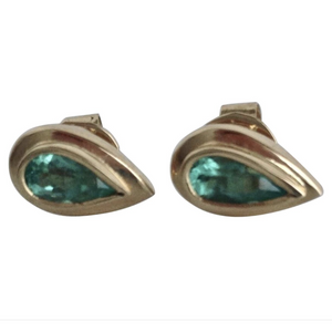 Pear Cut Emerald Dome Stud Earrings 18K Yellow Gold