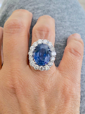 16.00ct GIA Certified Untreated Blue Sapphire Diamond Ring 18K White Gold