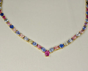 50.00 Carat Burma Unheated Blue/Pink/Yellow Sapphire Yellow Gold Drop Necklace