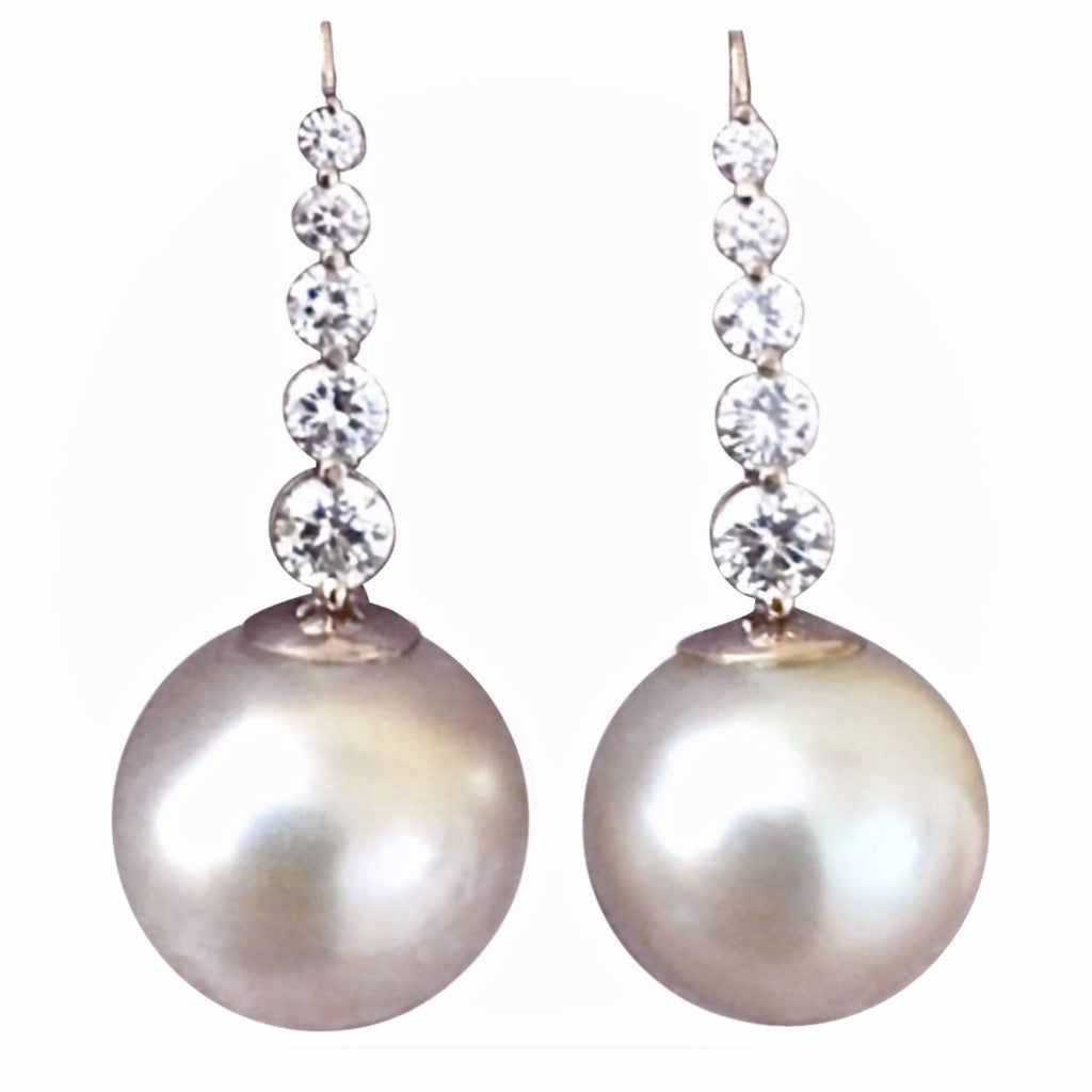Estate Natural 14.5mm South Sea Pearl Diamond Drop Earrings 14K