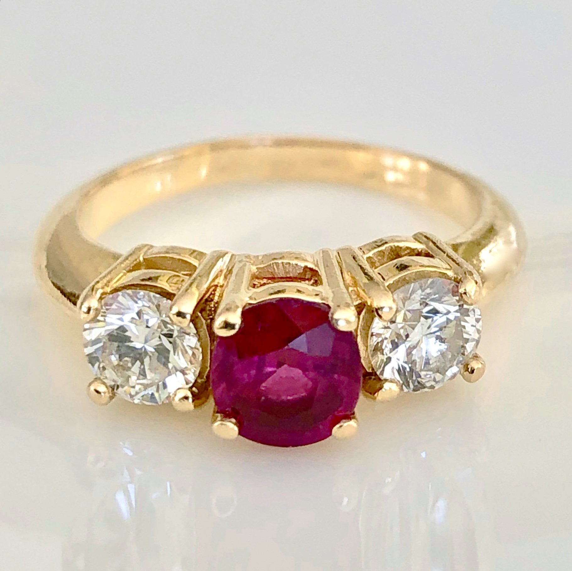 Estate Natural Ruby Diamond Trilogy Ring 18K Gold