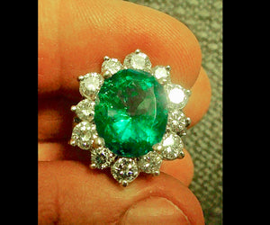 Fine Natural Colombian Emerald Diamond Ring 18K White Gold