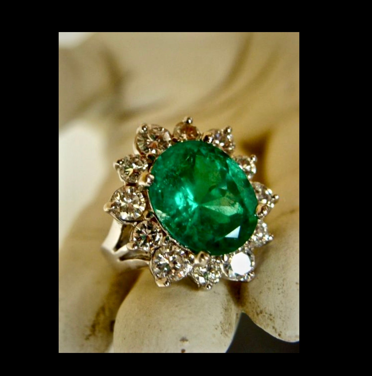 Fine Natural Colombian Emerald Diamond Ring 18K White Gold