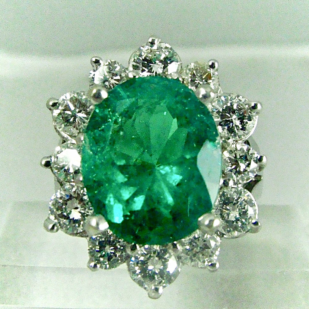 Fine Natural Colombian Emerald Diamond Ring 18K White Gold