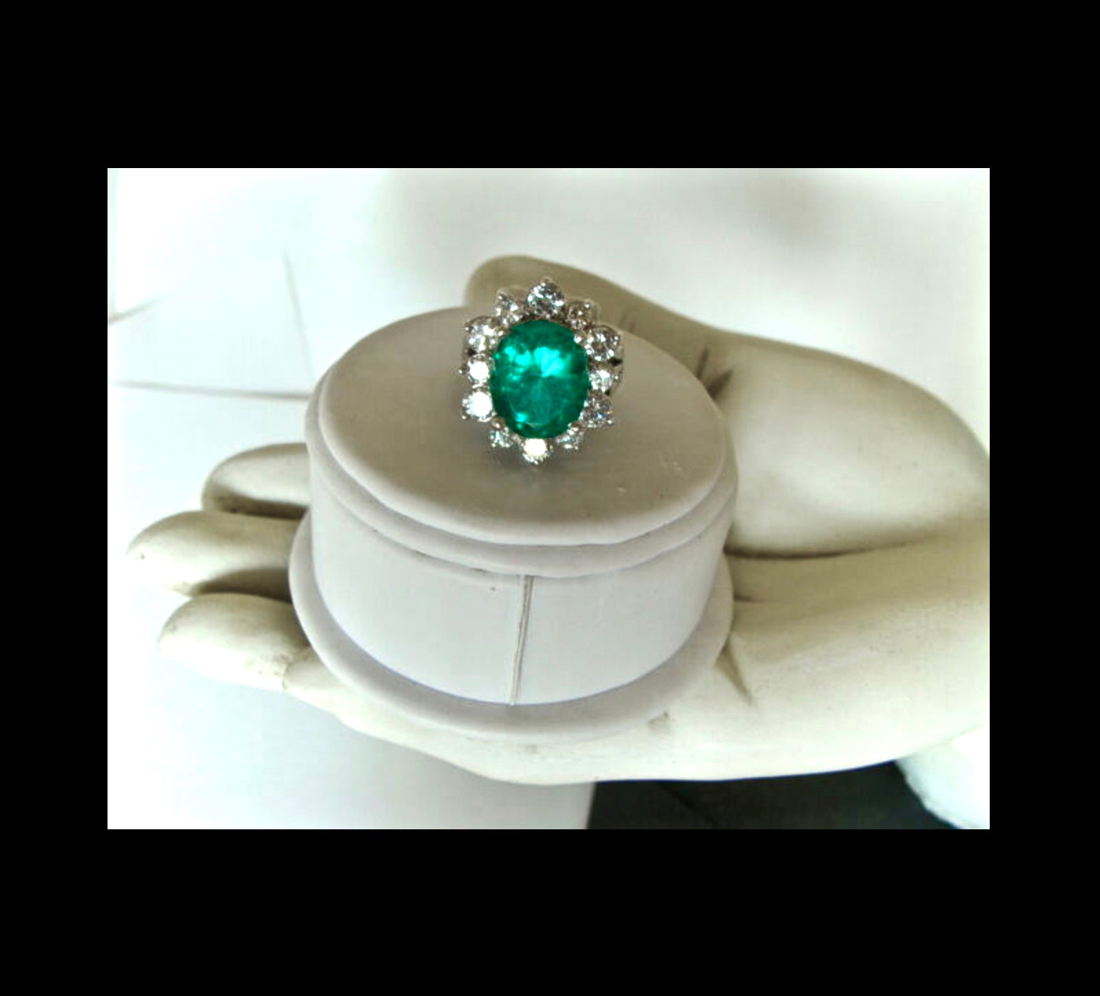 Fine Natural Colombian Emerald Diamond Ring 18K White Gold