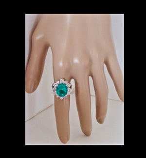 Fine Natural Colombian Emerald Diamond Ring 18K White Gold