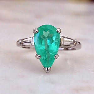 Antique Art Deco Pear Colombian Emerald Diamond Platinum Engagement Ring