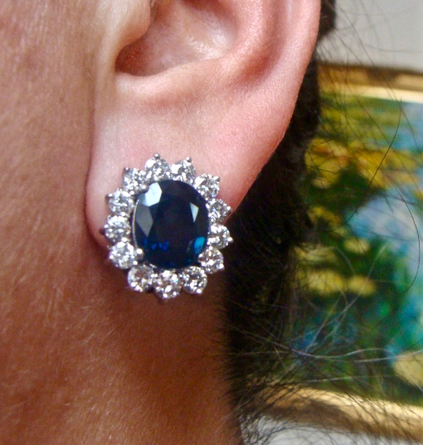 14.00 Carat Blue Sapphire Diamond clip on Earrings 18K