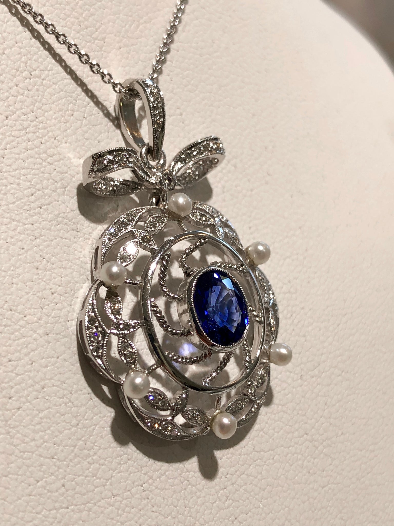 Victorian Style Ceylon Sapphire Diamond Pearl Gold Pendant