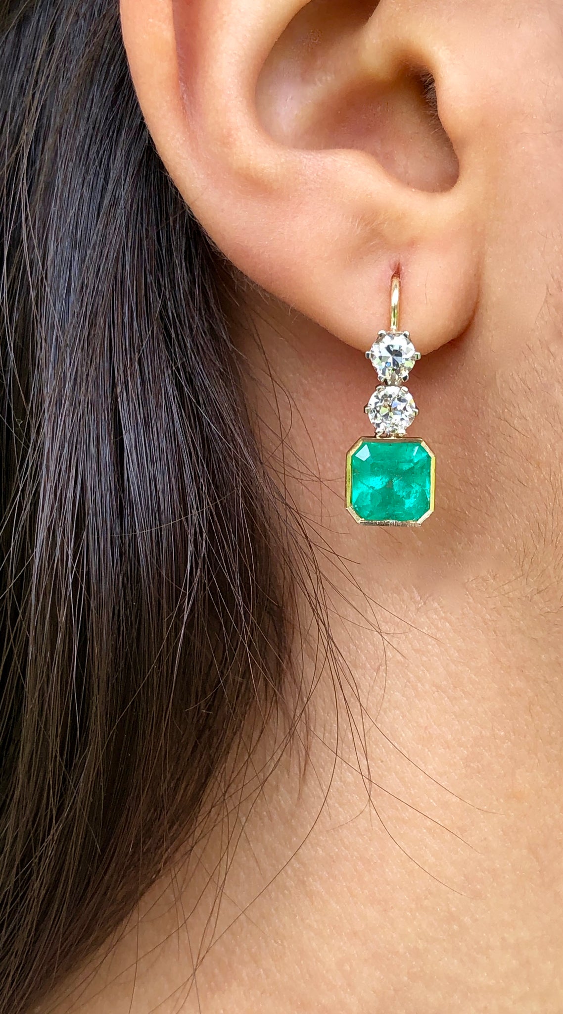 6.60 Carat Colombian Emerald & Old European Diamond Dangle Earrings