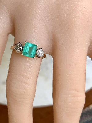 2.33 Carat Natural Colombian Emerald Old European Diamond Engagement Wedding Ring