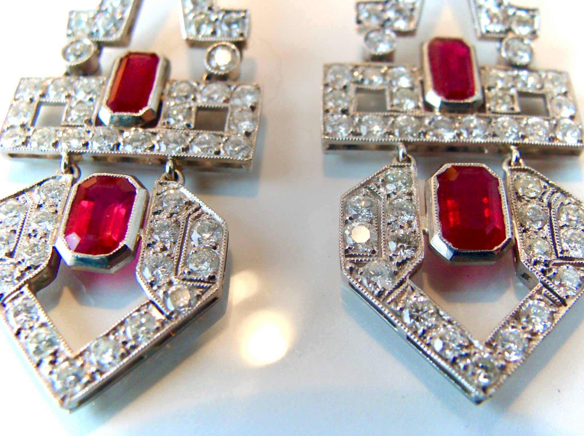 Art Deco Natural Ruby Diamond Platinum Dangle Earrings