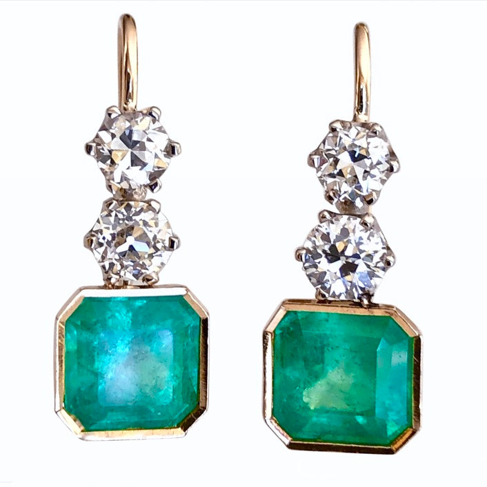 6.60 Carat Colombian Emerald & Old European Diamond Dangle Earrings