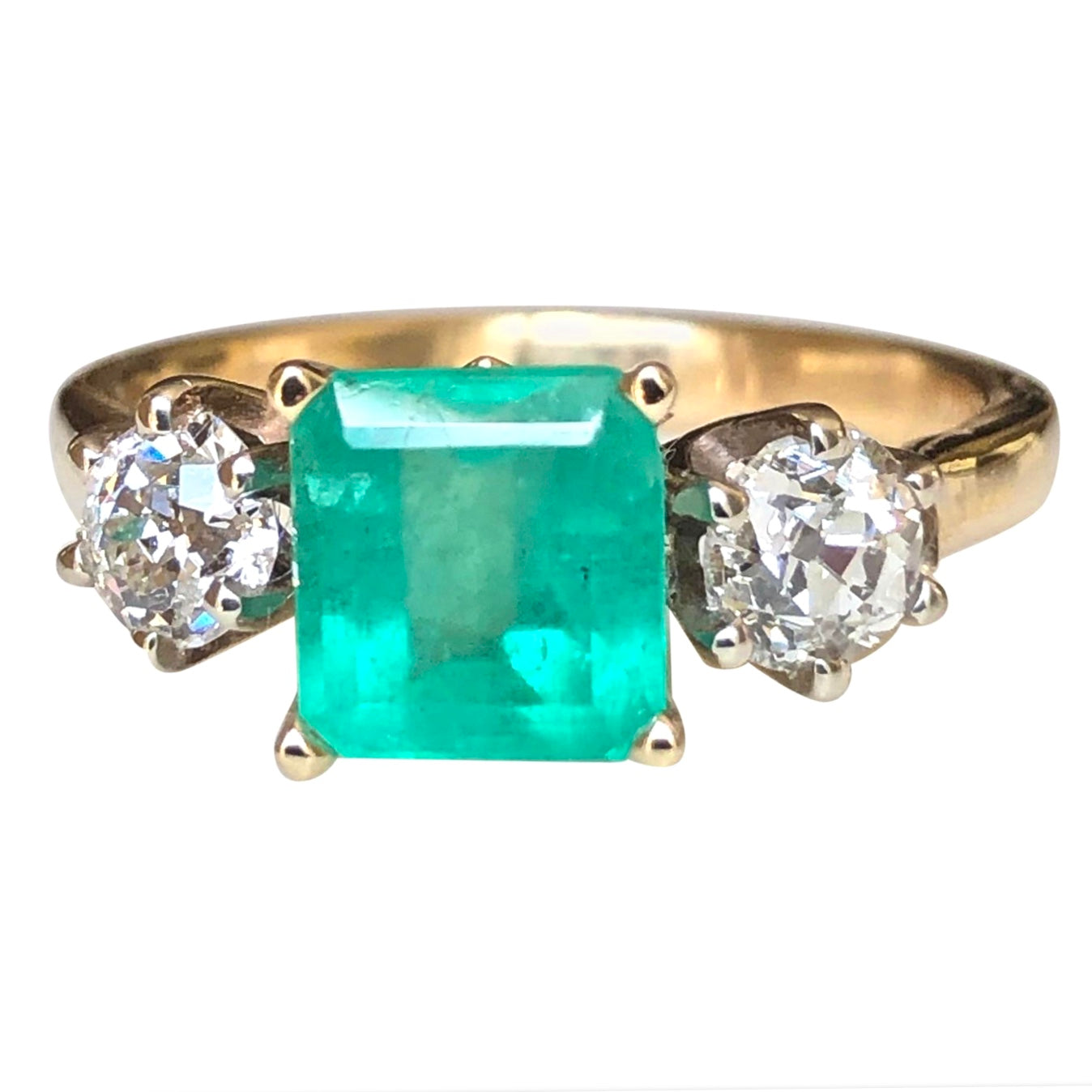 2.33 Carat Natural Colombian Emerald Old European Diamond Engagement Wedding Ring