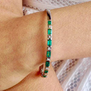 3.32 Colombian Emerald & Diamond Bangle Bracelet 18K White Gold