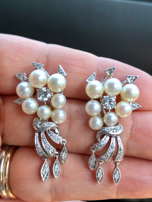 Antique Art Deco Natural Pearl Diamond Drop Earrings