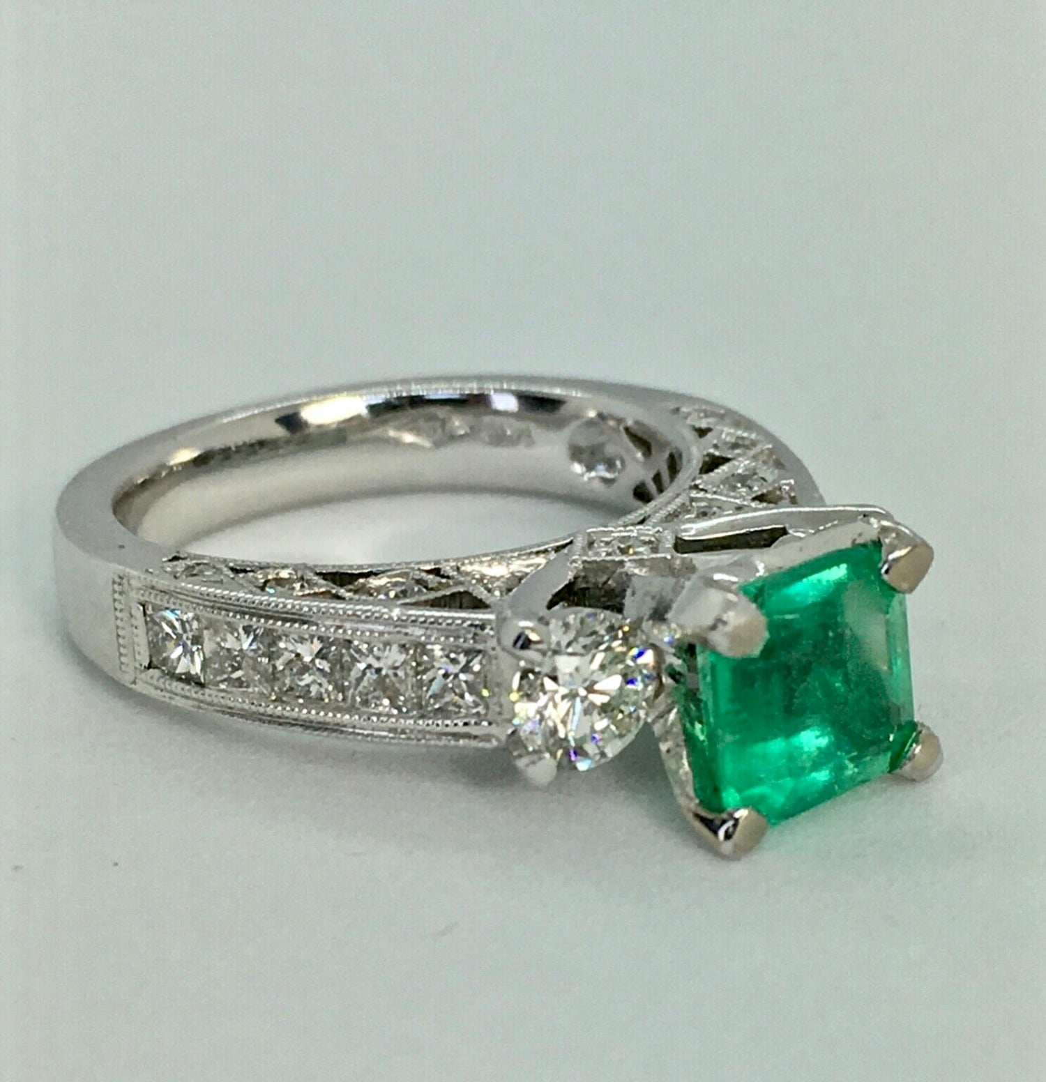 Fine Square Natural Colombian Emerald Diamond Engagement Ring