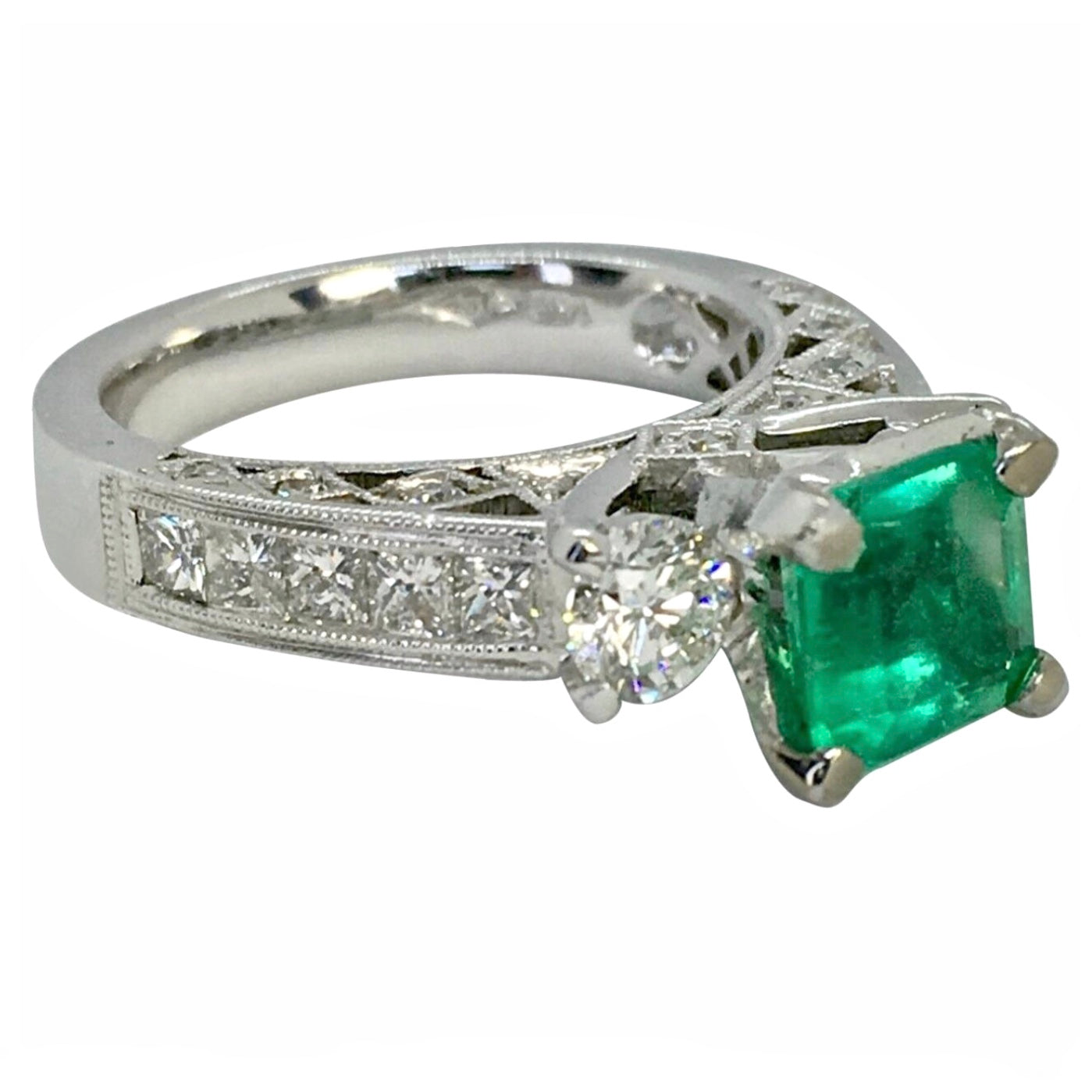 Fine Square Natural Colombian Emerald Diamond Engagement Ring