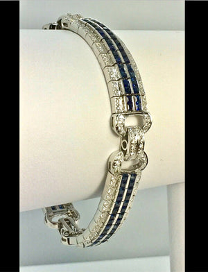 Sapphire Diamond Link Bracelet 18 Karat White Gold Estate Fine Jewelry