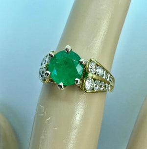 2.50 Carats Natural Round Colombian Emerald Solitaire Ring Diamond Accents 14K