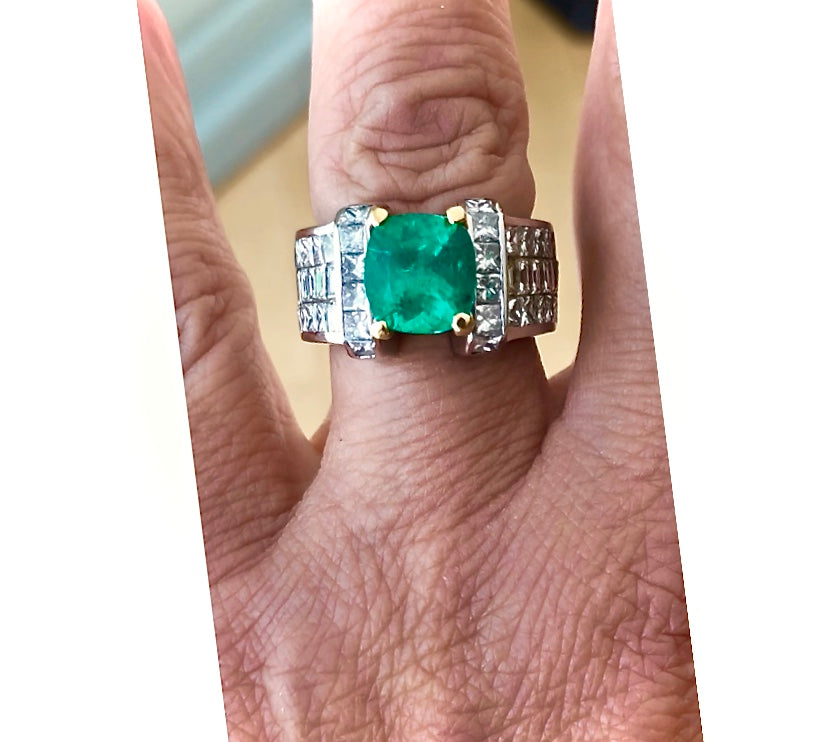 7.56ct Fine Natural Colombian Emerald Diamond Ring Unisex 18K
