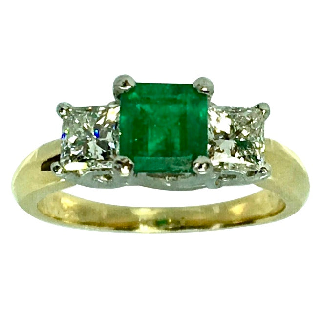 Colombian Emerald & Diamonds Platinum-18K Three Stone Ring
