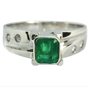 Natural Fine Colombian Emerald Diamonds Solitaire Ring White Gold 18K
