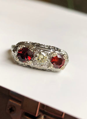 40's Antique Art Deco Filigree 3 Stone Diamond Spinel Ring 18k