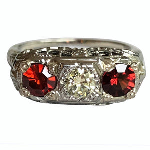 40's Antique Art Deco Filigree 3 Stone Diamond Spinel Ring 18k