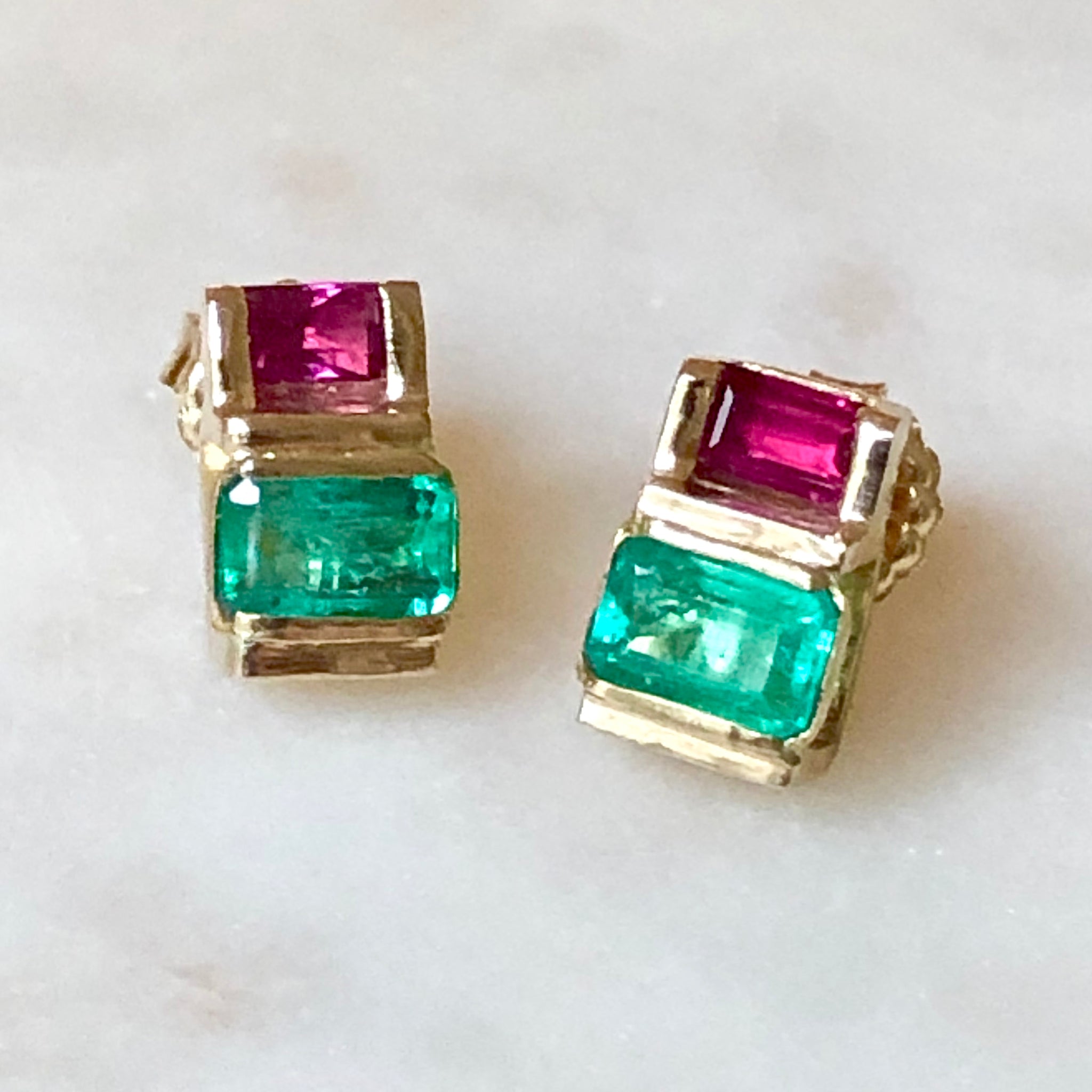 Emerald Ruby 18K Yellow Gold Earrings