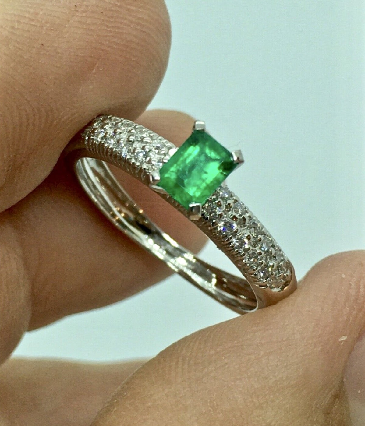 Fine Natural Colombian Emerald Pave Diamond Engagement Ring