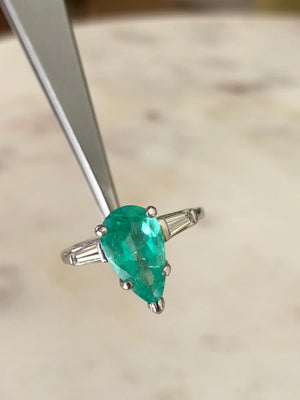 Antique Art Deco Pear Colombian Emerald Diamond Platinum Engagement Ring
